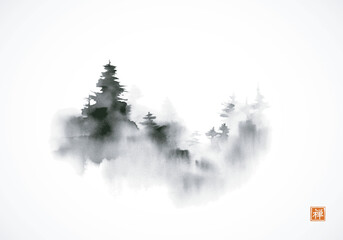 Minimalist ink landscape with black trees, shrouded in dense fog. Traditional oriental ink painting sumi-e, u-sin, go-hua on white background. Hieroglyph - zen - 644390242
