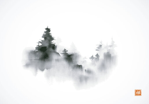 Minimalist ink landscape with black trees, shrouded in dense fog. Traditional oriental ink painting sumi-e, u-sin, go-hua on white background. Hieroglyph - zen