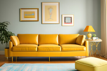 Aesthetic of the 1980s through interior design. Visualize an elegant living room from a frontal perspective, featuring a vintage orange sofa, three photos mockup