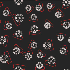 Naklejka premium Line Coin money with dollar symbol icon isolated seamless pattern on black background. Banking currency sign. Cash symbol. Vector