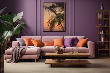 Vibrant and inviting living room with caramel and lilac hues. Ideal for chic home interiors. Generative AI