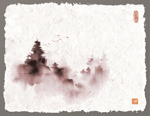 Minimalist ink landscape with  trees, shrouded in dense fog. Traditional oriental ink painting sumi-e, u-sin, go-hua on vintage rice paper background. Hieroglyph - zen