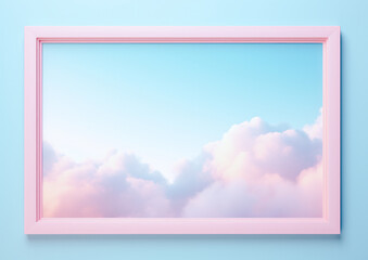 A large pink picture frame or frame with copy space of soothing iridescent pastel blue and pink colors, sky, clouds and pleasant irregular shapes. Generative AI.