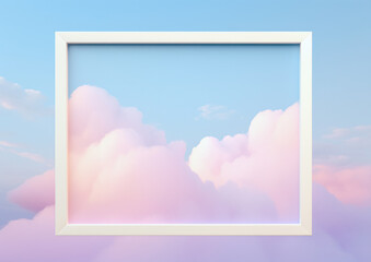 Naklejka premium A large picture frame or white frame with copy space of soothing iridescent pastel blue and pink colors, clouds and pleasant irregular shapes. Generative AI.