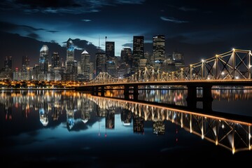 Obraz premium A skyline picture of a city with a reflection in the water.