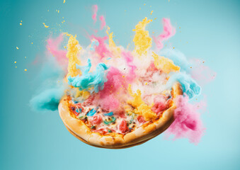 A delicious pizza floating enveloped in multicolored blue, pink, and yellow smoke emanating from it against a pastel blue minimal background. Generative AI.