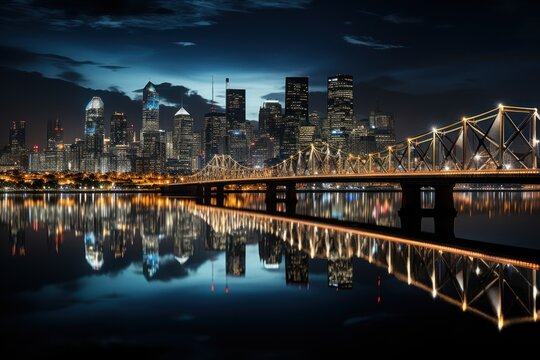 A skyline picture of a city with a reflection in the water.
