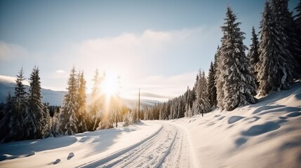 Obraz premium Winter beautiful mountain landscape with trees covered hoarfrost and bright sunlights.