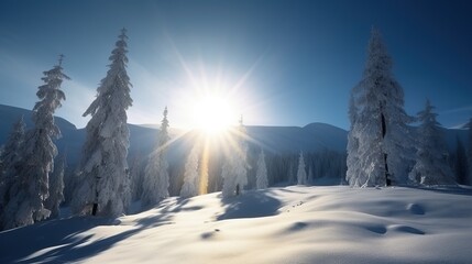 Fototapeta premium Winter beautiful mountain landscape with trees covered hoarfrost, wooden house and bright sunlights.