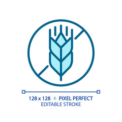 2D pixel perfect editable blue gluten free icon, isolated vector, thin line illustration representing allergen free.