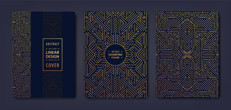 Set of vector art deco, gatsby golden covers. Trendy graphic poster, brochure, design, packaging, branding. Geometric shapes, ornaments, elements.