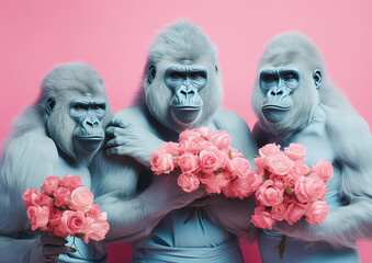 Three blue gorillas dressed in silk like humans posing with pink flowers in their hands. Soothing shades of pink and teal. Generative AI.