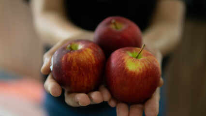 Close up hand holding apple fruit