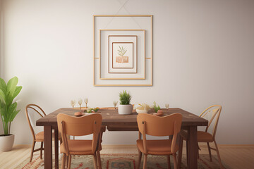 Mock up frame in cozy boho dining room interior background, 3d render