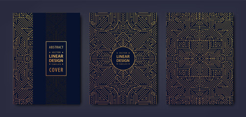 Set of vector art deco, gatsby golden covers. Trendy graphic poster, brochure, design, packaging, branding. Geometric shapes, ornaments, elements.