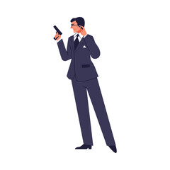 Man in suit with gun listening information in earpiece flat style