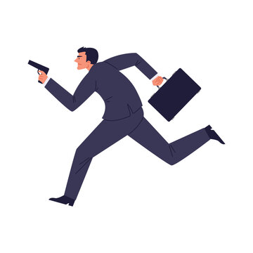 Special secret agent running with a gun and briefcase, private detective armed pursuit mission flat vector illustration