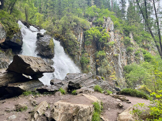Waterfall in the forest. Russia, Siberia, Altai mountains.