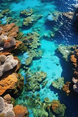 Naklejka na ściany i meble Landscape, bird's eye view of the bright corals of the Great Barrier Reef.