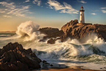 Rugged coastal landscape, powerful waves, iconic lighthouse, soaring seagull - Diaz Point, Luderitz, Namibia. Generative AI