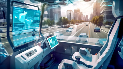 interior of a car of the future with autopilot in the city streets