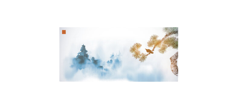Minimalist ink landscape with black bird sitting on pine tree branch and blue trees, shrouded in dense fog. Oriental ink painting sumi-e, u-sin, go-hua. Translation of hieroglyph - eternity