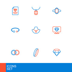 Set line Diamond, Wedding ring, rings, Bracelet jewelry, Necklace mannequin, engagement and Pendant necklace icon. Vector