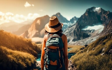 woman hiker on the top of mountain, cinematic generative AI