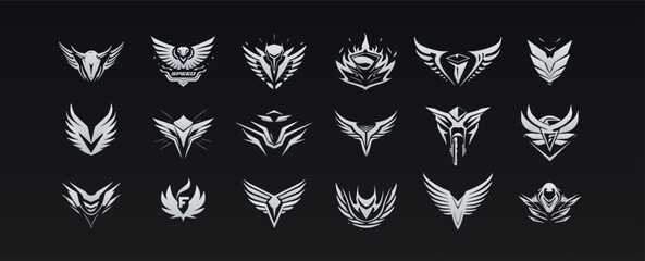 Wing emblem set, elegant and dynamic logo concept collection with feature sharp angles for graphic novels, sports teams, cutting-edge design. Vector icons.
