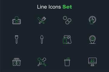 Set line Online ordering food, Paper glass with water, Meatballs on wooden stick, Coffee cup to go, Cafe and restaurant location, Spoon and Fork icon. Vector