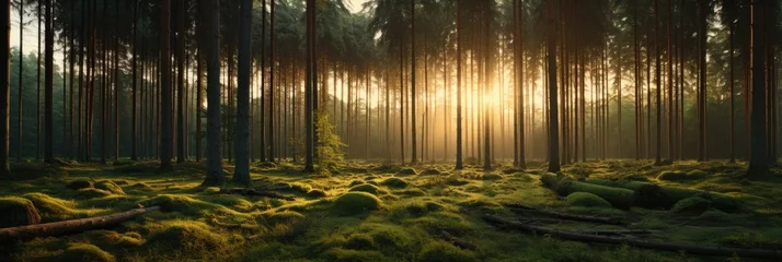 Fotobehang Landscape, A forest at dawn with the tall trees casting elongated © Landscape Planet