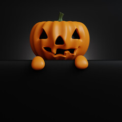 Happy Halloween Festive. Pumpkin on black paper postcard for Halloween. Halloween concept. Traditional October holiday. copy space. 3d render.