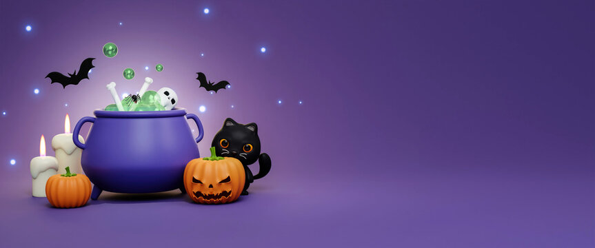 Happy Halloween Festive. Halloween poison pumpkin, candle, black cat and bat . 3d cartoon style. Holiday Hallows' Eve or Saints' Eve. copy space. 3d render.