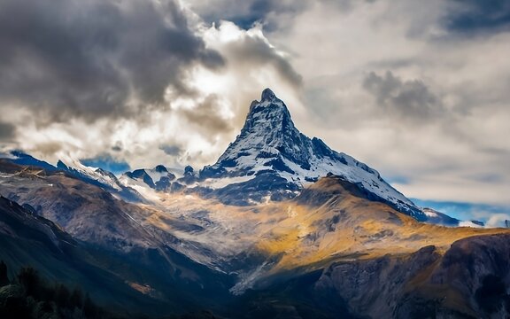 snow covered mountains, mountain top emerging from heavy clouds cinematic photo realistic sunset generative AI