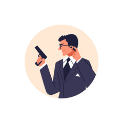 Naklejka premium Special secret agent armed with pistol, private detective eavesdrops and spies flat vector illustration in round frame