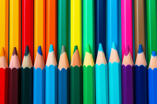 Wax crayon pencils background showing drawing materials for preschool children for use in the classroom when they go back to school, computer Generative AI stock illustration image