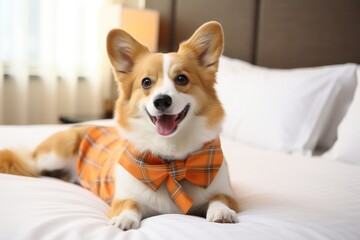 pet in a hotel room in light colors. lies on the bed. relax. AI generated