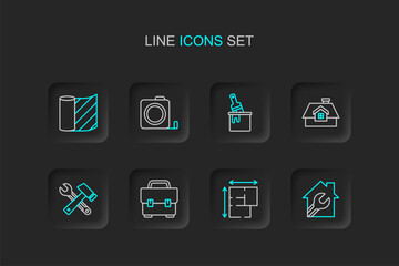 Fototapeta premium Set line House with wrench spanner, plan, Toolbox, Window in room, Paint bucket brush, Roulette construction and Wallpaper icon. Vector