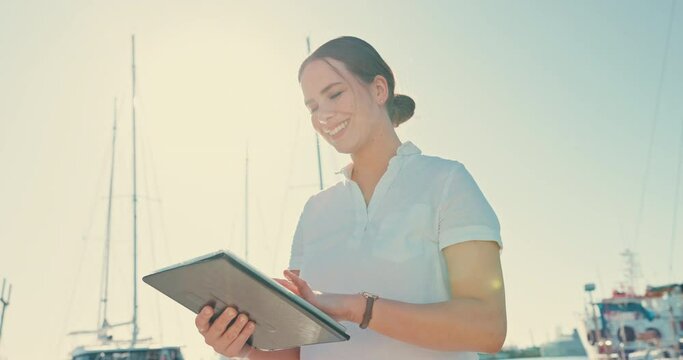 Yacht, tablet and captain with woman and thinking on pier for cruise, management and travel. Boat crew, network and digital with person in ship harbor for sailing adventure, vacation and technology