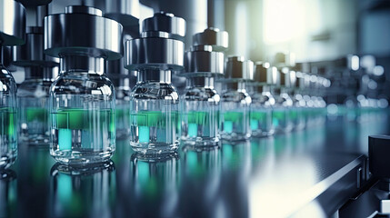Pharmaceutical machine working pharmaceutical glass bottles production line. pharmaceutical industry concept. Generative Ai.
