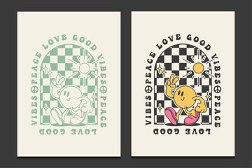 groovy 70s poster with trendy retro cartoon character, vector illustration