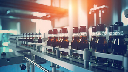 Pharmaceutical machine working pharmaceutical glass bottles production line. pharmaceutical industry concept. Generative Ai.