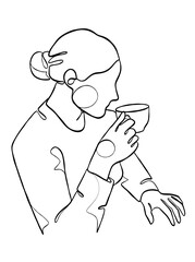 Obraz premium Continuous one line drawing of a woman holding a cup of coffee. Vector illustration.