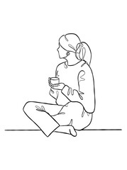 Continuous one line drawing of a woman holding a cup of coffee. Vector illustration.