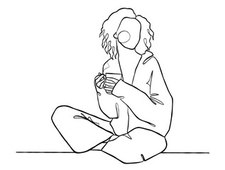 Continuous one line drawing of a woman holding a cup of coffee. Vector illustration.