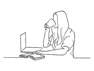 Continuous one line drawing of a woman holding a cup of coffee. Vector illustration.