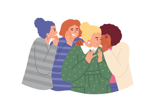 Female discussion meeting, gossip together, women group telling, whispering secrets cover mouth vector illustration
