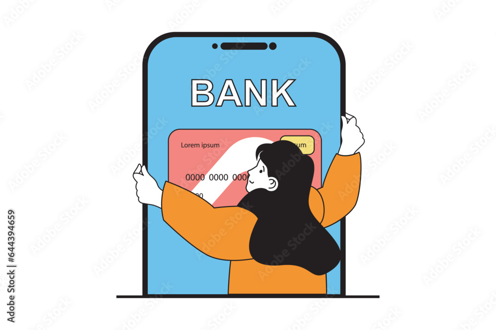 Poster mobile banking concept with people scene in flat web design. woman using online bank application for