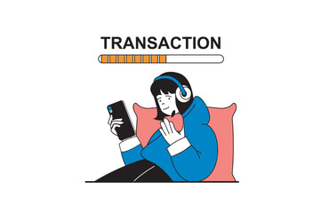 Mobile banking concept with people scene in flat web design. Woman making financial transaction, waiting money transfer in application. Vector illustration for social media banner, marketing material.