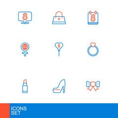 Set line Gift bow, Woman shoe, Lipstick, Diamond engagement ring, International Women Day, Balloons with 8 March, Calendar and Handbag icon. Vector